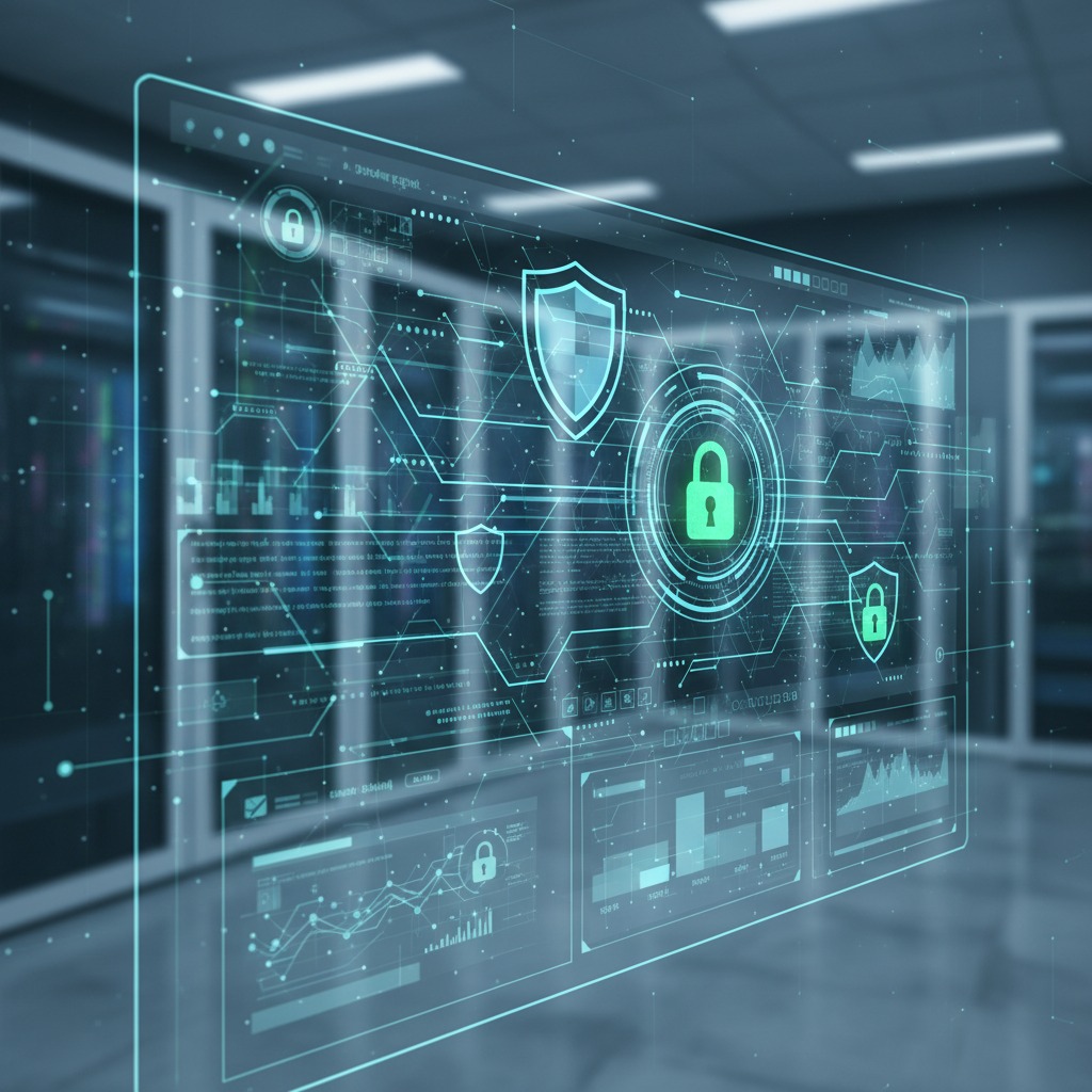 A glowing digital interface with cybersecurity icons and data charts floats in a server room.