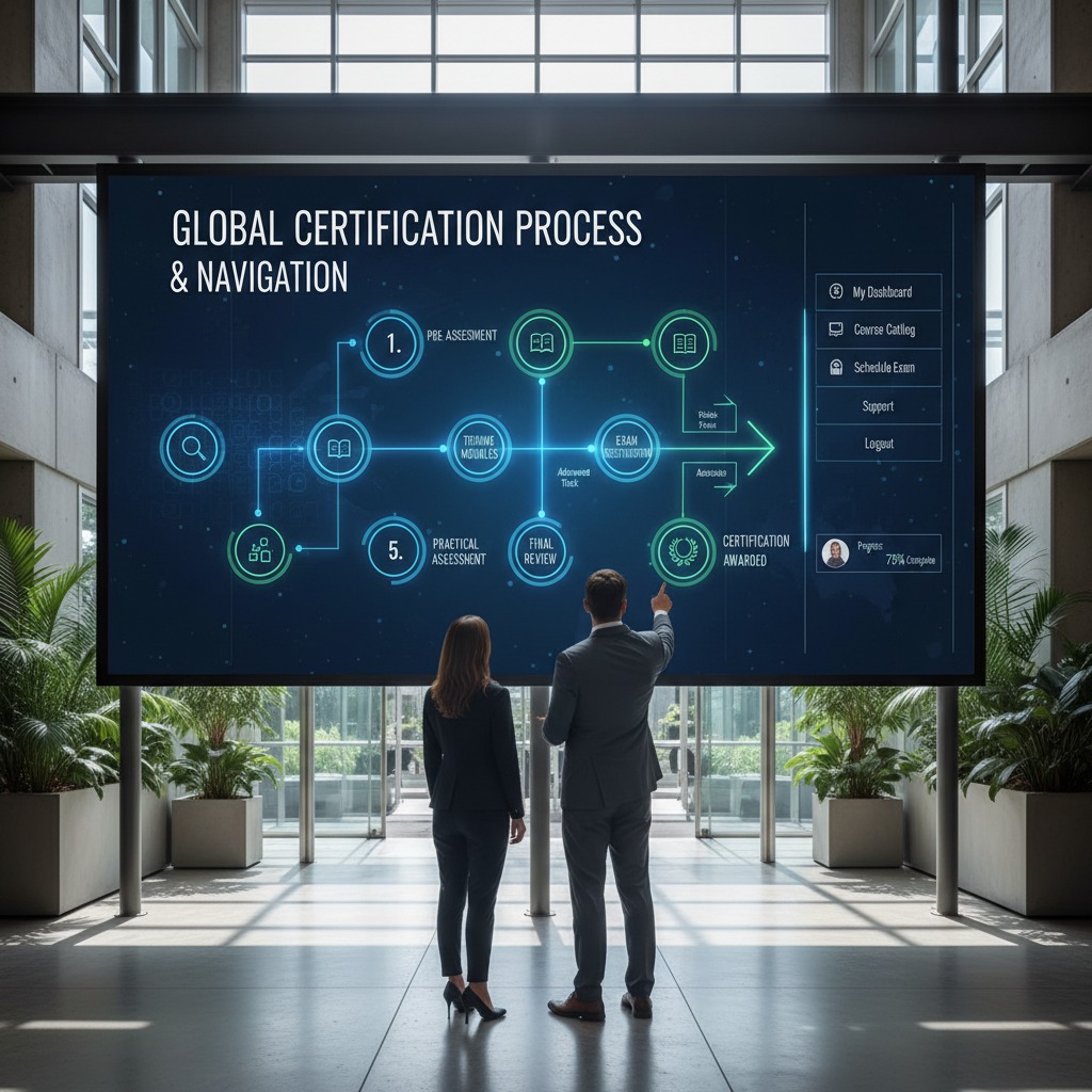 A man and a woman in business suits stand in a modern atrium, looking up at a large digital screen displaying a global certification process flowchart.