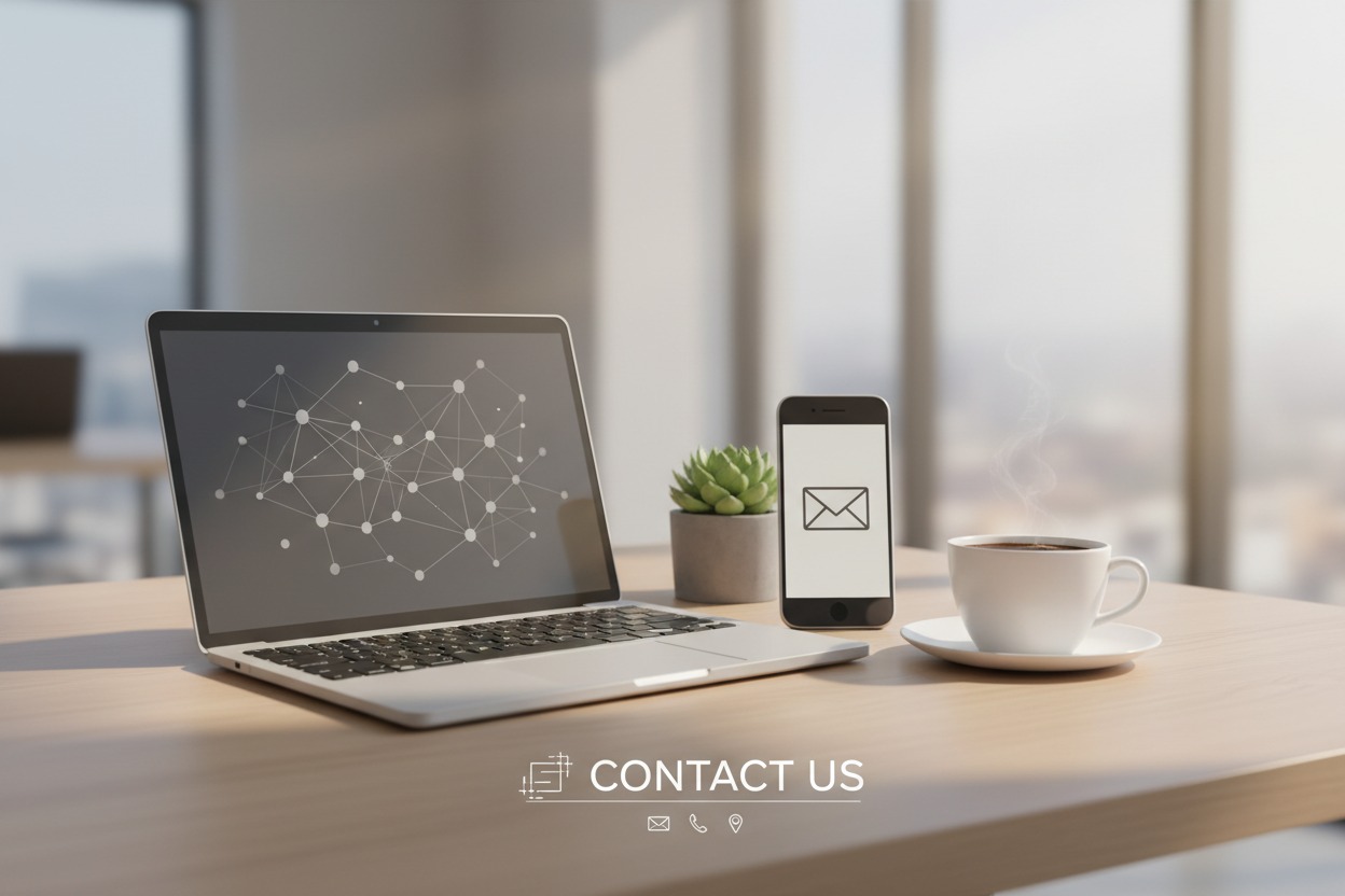 A laptop, smartphone displaying an email icon, succulent plant, and a steaming cup of coffee sit on a wooden desk near a large window, with a "Contact Us" graphic overlaid at the bottom.